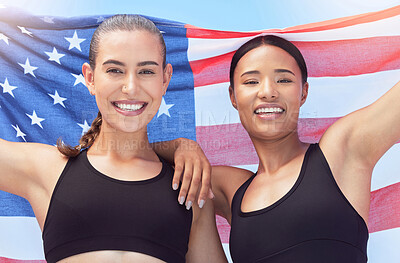 Buy stock photo American flag, women and athlete portrait smile, freedom and justice patriotic symbol for female athletes. Teamwork, collaboration and sports girls with flag for global competition contest.