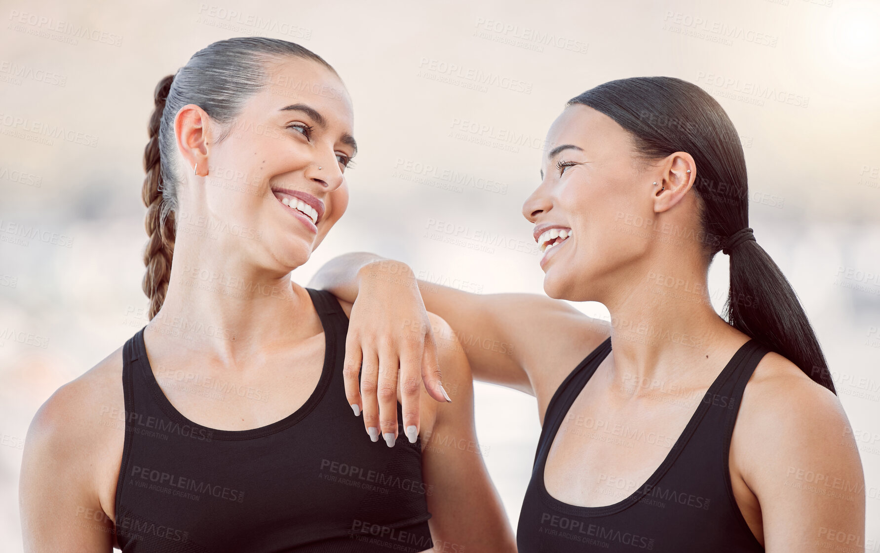 Buy stock photo Sports, fitness and couple women or personal trainer and client for support, motivation and teamwork at outdoor morning exercise with lens flare. Athlete people friends in workout training together