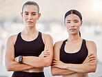 Team of sports runner women in leadership, success and partnership for fitness, health and workout training together. Marathon and cardio exercise girl athlete friends in solidarity and collaboration