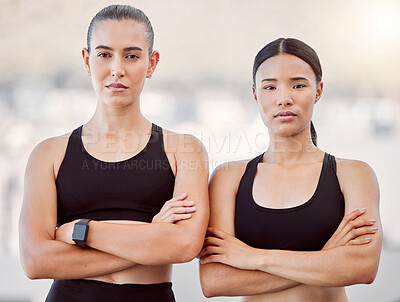 Buy stock photo Team of sports runner women in leadership, success and partnership for fitness, health and workout training together. Marathon and cardio exercise girl athlete friends in solidarity and collaboration