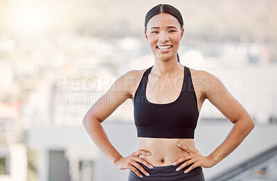 Buy stock photo Portrait of black woman athlete, with a healthy body and a smile after training exercise success. Working out with passion, motivation and energy is important for health fitness or sports performance