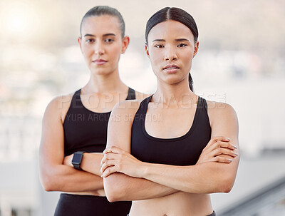 Buy stock photo Fitness women, accountability friends and exercise outside with training partner or runners outside for cardio workout. Portrait of serious active girls out running for health, wellness and fit body