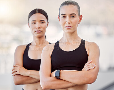 Buy stock photo Fitness women, workout friends and exercise during athlete training, running and health goals while looking serious and ready outside. Portrait of female wellness partners together for accountability