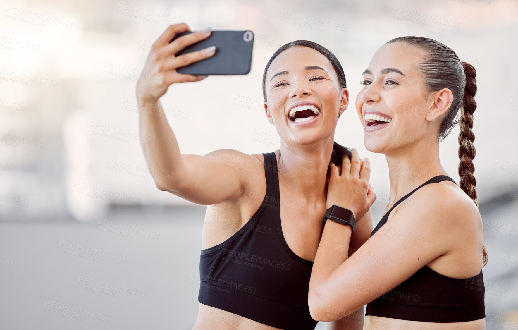 Buy stock photo Phone selfie, laughing and fitness women live streaming workout, exercise or training in gym. Smile, happy or sports health influencer friends with wellness motivation in social media tech photograph