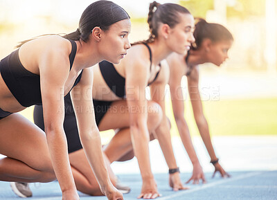 Buy stock photo Women start sports race, running competition and marathon training, fitness event and challenge in outdoor stadium. Focus, mindset and group runners ready in speed, power and fast olympic sprint line