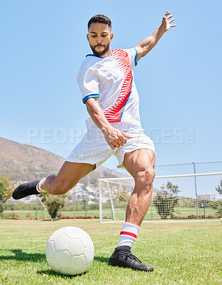 Buy stock photo man, kick football and soccer training on sports field outdoors for competition game or workout. Fitness exercise,  goal motivation and strong athlete legs or lifestyle sport on stadium grass