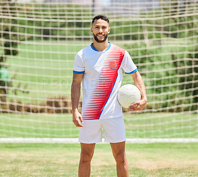Buy stock photo Fitness, sports and soccer player portrait on a football field ready to play a soccer match or training game. Healthy, smile and happy athlete on a grass pitch for a cardio exercise and workout 