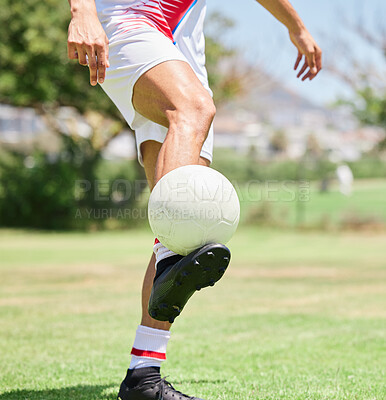 Buy stock photo Soccer ball control, soccer player and practice skill on football field, competition games or sports training on stadium grass pitch. Football player feet, athlete action and talent for goals on turf