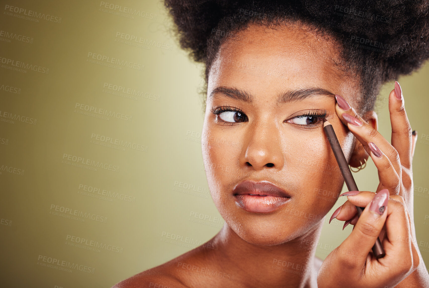 Buy stock photo Beauty, fashion and black woman apply eyeliner in studio advertising beauty products for face. Skincare, style and beautiful girl using designer makeup products, cosmetics and eye pencil on eyes