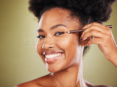 Buy stock photo Makeup, eyeliner pencil and black woman with smile, skincare and natural beauty for wellness against studio background. Cosmetics, African American female or happy girl with eye lashes and portrait.