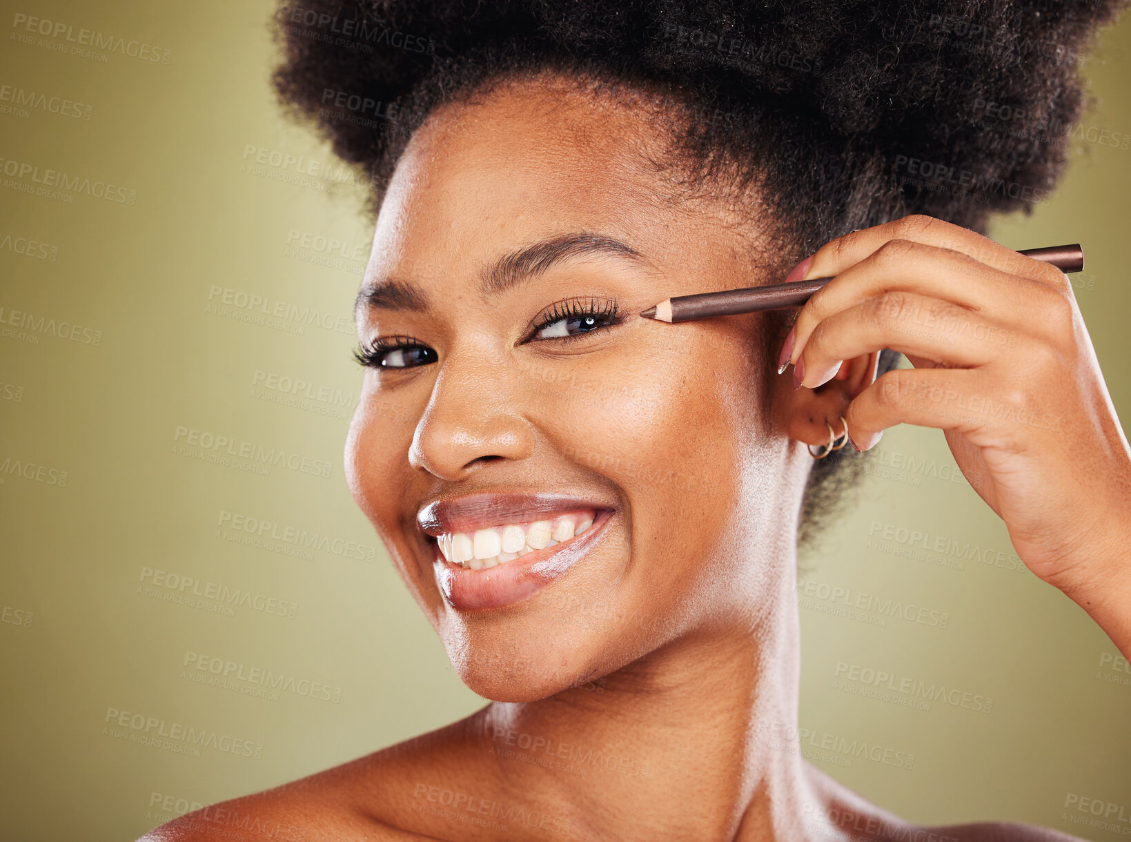 Buy stock photo Makeup, eyeliner pencil and black woman with smile, skincare and natural beauty for wellness against studio background. Cosmetics, African American female or happy girl with eye lashes and portrait.