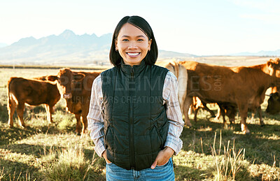 Buy stock photo Cow, farmer and asian woman on field in nature for meat, beef or cattle food industry in Japan. Portrait happy female farming livestock, cows and agriculture animals, milk production and management 