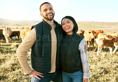 Buy stock photo Portrait, farm and couple on cattle farm, smile and happy for farming success, agro and agriculture. Farmer, man and woman hug on grass field with livestock, excited for sustainability business