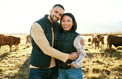 Buy stock photo Cow, farm and couple portrait on field in countryside for meat, beef or cattle food industry. Happy people, man and woman farming livestock, cows or animals in agriculture, sustainability and ecology