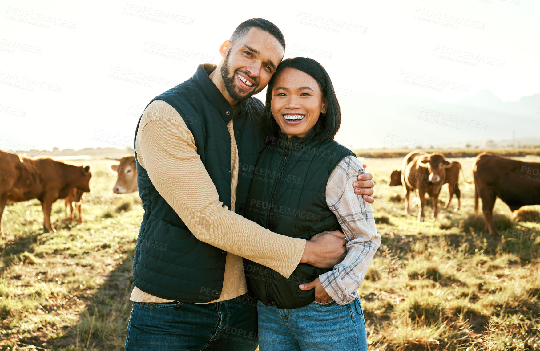 Buy stock photo Cow, farm and couple portrait on field in countryside for meat, beef or cattle food industry. Happy people, man and woman farming livestock, cows or animals in agriculture, sustainability and ecology