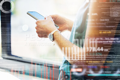 Buy stock photo Hands, woman and double exposure with phone in closeup scrolling for information or trader. Typing, broker employee and tech with person reading on app for forex or stock market with digital data