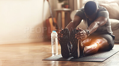 Buy stock photo Black man, fitness and stretching legs with x ray for muscle wellness, yoga or exercise on floor at home. Active African American male in warm up leg stretch on mat for exercising workout on mockup