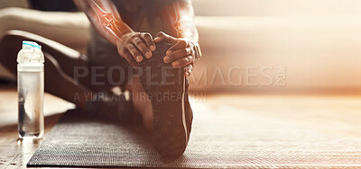 Buy stock photo Black man, hands and foot stretching legs with x ray for muscle wellness, yoga or floor exercise at home. Active African American male in warm up leg stretch on mat for exercising workout on mockup