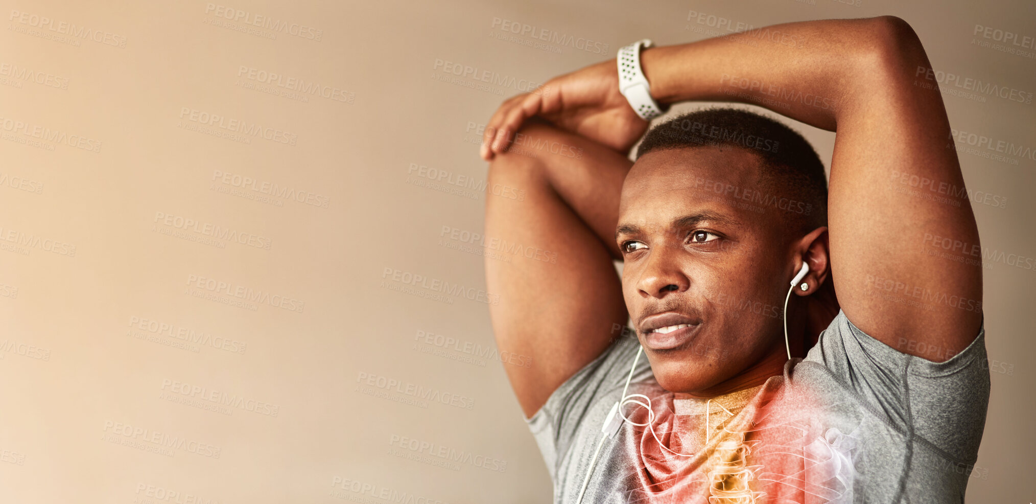 Buy stock photo Fitness, mockup and black man stretching for exercise or workout looking at empty space isolated in studio background. Advertising, sports and athlete training for health, wellness and body strength