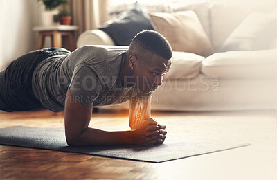 Buy stock photo Black man, plank exercise and floor in house with joint pain, red glow and overlay on arms in living room. African gen z guy, training and vision for healthy strong body, muscle development and goals