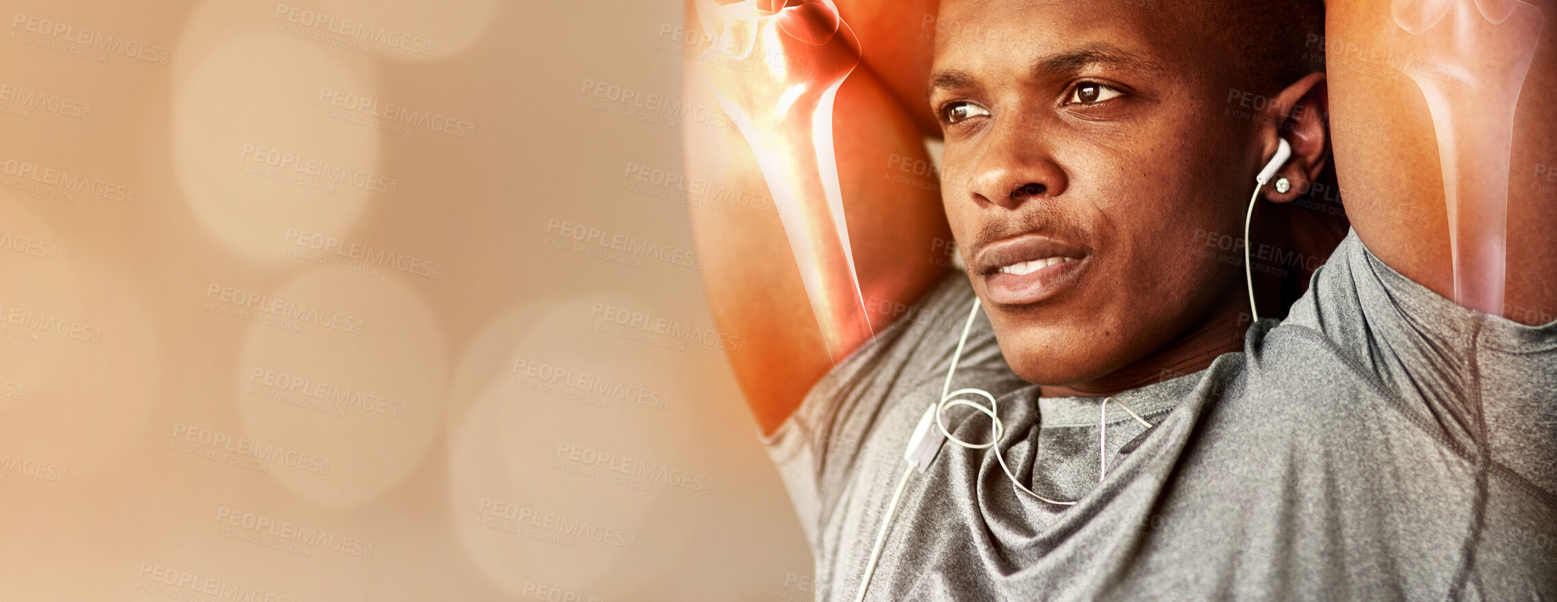 Buy stock photo Fitness, health and black man doing a stretching exercise before a workout in a studio with mockup. Sports, training and African male athlete doing a arm warm up workout with a bokeh background.