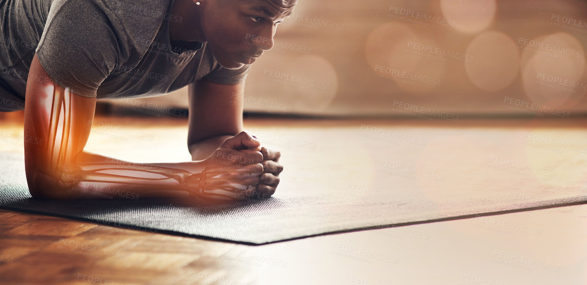 Buy stock photo Fitness, mockup and x ray with a sports black man in a studio or gym for a strong core and plank exercise. Workout, mock up and anatomy with a male athlete training for health, wellness or strength