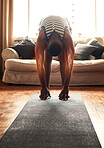 Yoga, fitness or black man stretching on floor mat for exercise, workout or training with x ray at home. African person in warm up for a healthy body or wellness exercising arms in house living room