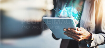 Buy stock photo Tablet, hands and holographic finance with a person analyzing data or information technology for coding on a ux. Globe, world or financial programming on a ui interface for global trading on mockup