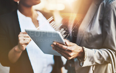 Buy stock photo Closeup, business and hands with tablet, hologram or employees with fintech, conversation or charts. Zoom, coworkers or financial adviser with client, holographic or device for profit growth or trade