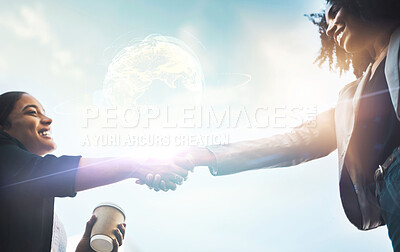 Handshake, light connection and business women partnership, b2b networking and agreement in global overlay. Black people shaking hands for teamwork, planning and collaboration on blue sky hologram