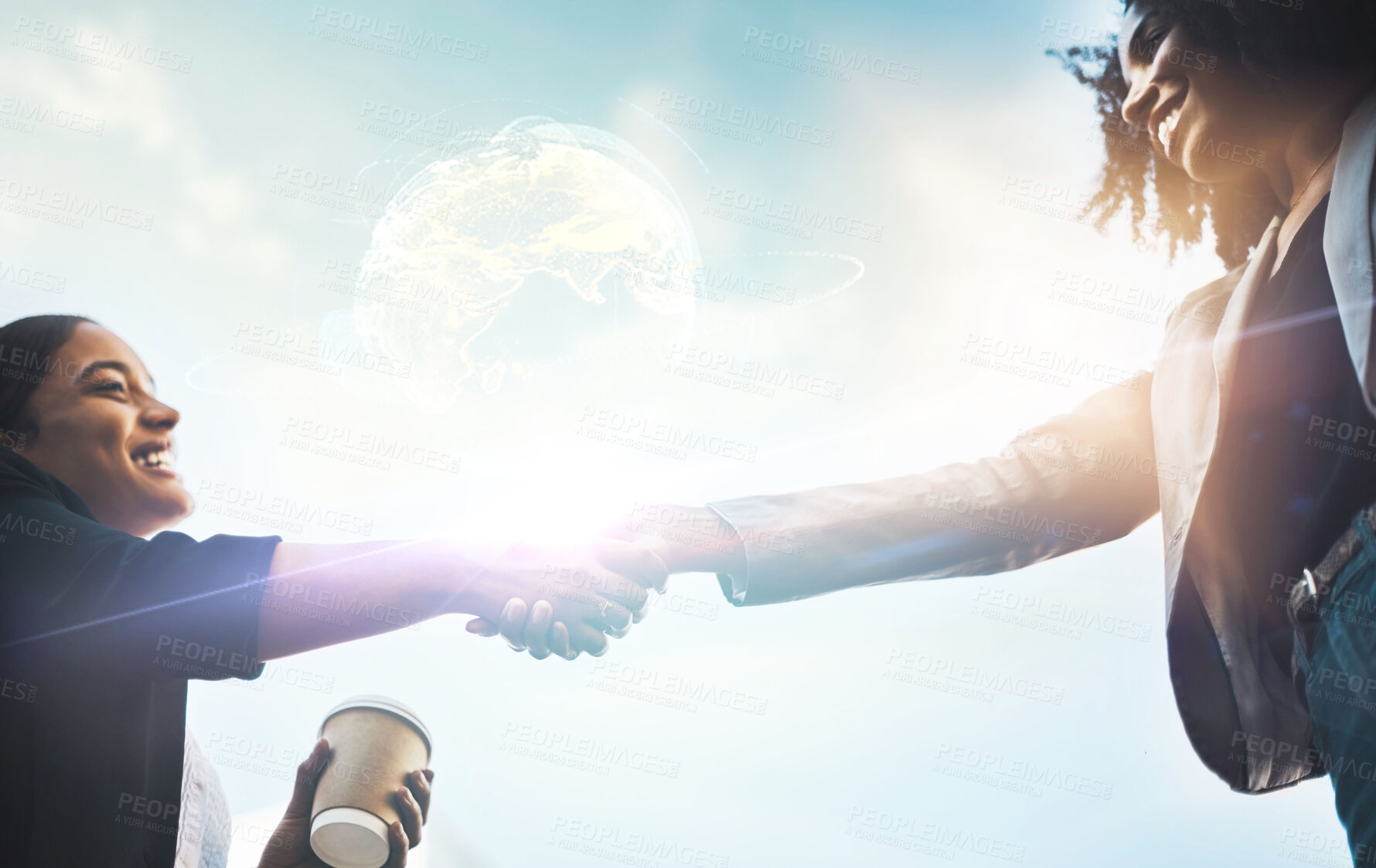 Buy stock photo Handshake, global connection and business women partnership, b2b networking and agreement in globe overlay. Black people shaking hands for teamwork, planning and collaboration on blue sky hologram