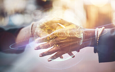 Handshake, global hologram and business people partnership, b2b agreement and networking overlay. Professional women or team shaking hands for digital contract and collaboration in double exposure