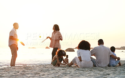 Buy stock photo Travel, game and family at the beach on a summer vacation, adventure or weekend trip in Australia. Sunset, fun and people playing sports on the sand by the ocean on seaside holiday together.