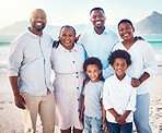 Happy, smile and portrait of black family at beach for travel, summer break and bonding on vacation. Relax, holiday trip and generations with parents and children for quality time, sunshine and fun