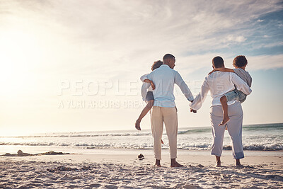 Buy stock photo Back, black family and beach for vacation, support and quality time on break, mockup and summer. Love, African American parents and children on seaside holiday, adventure or journey to relax and sand