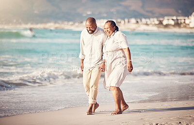 Love, hand holding and senior with black couple at beach for retirement, vacation and summer break. Travel, smile and and bonding with man and woman walking on shoreline for happy, care and relax