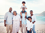 Travel, smile and portrait of black family at beach for happy, summer break and bonding on vacation. Relax, holiday trip and generations with parents and children for quality time, sunshine and fun