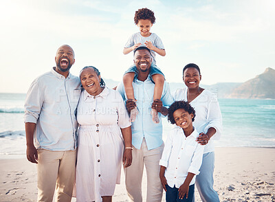 Buy stock photo Travel, smile and portrait of black family at beach for happy, summer break and bonding on vacation. Relax, holiday trip and generations with parents and children for quality time, sunshine and fun