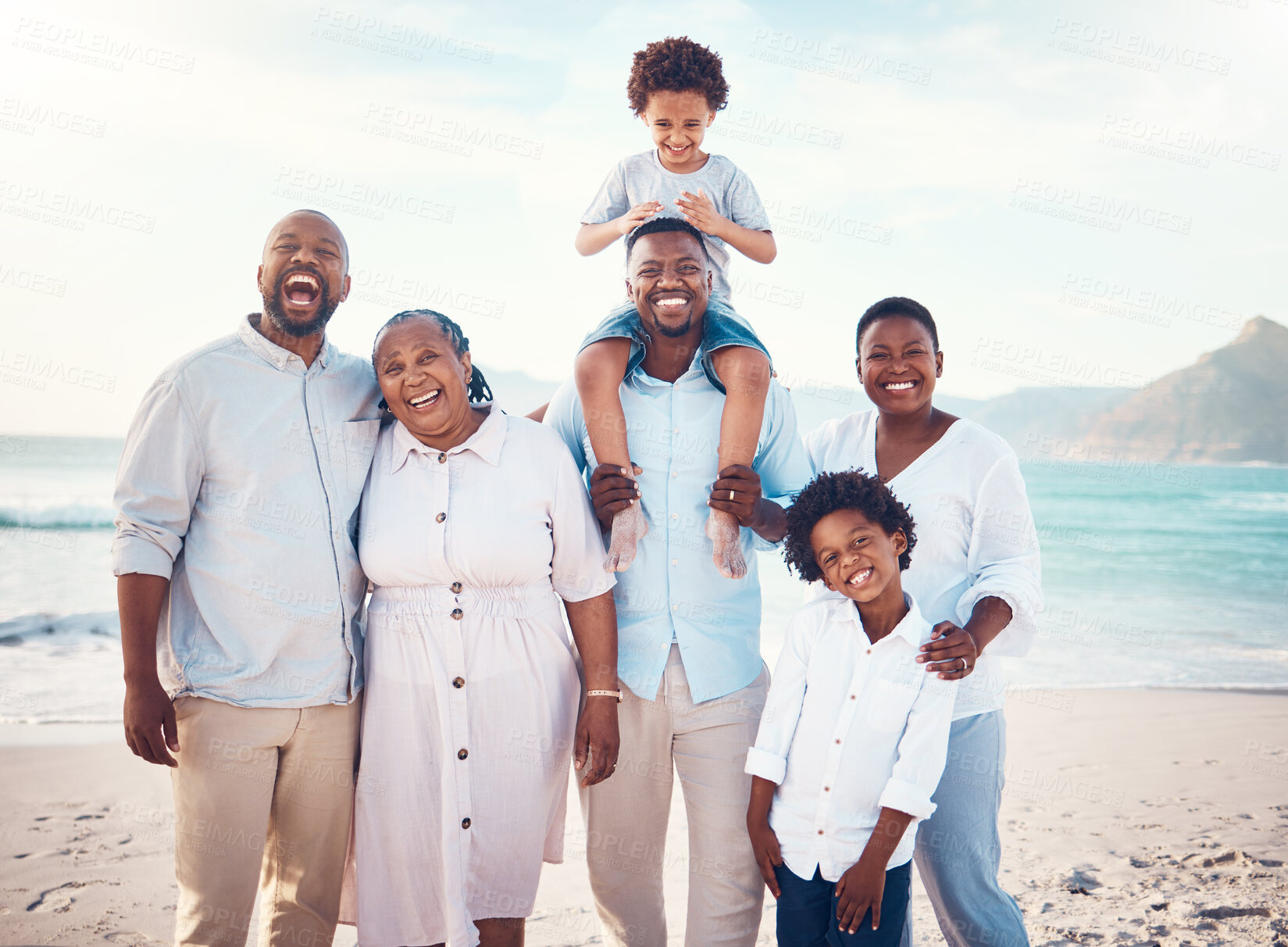 Buy stock photo Travel, smile and portrait of black family at beach for happy, summer break and bonding on vacation. Relax, holiday trip and generations with parents and children for quality time, sunshine and fun