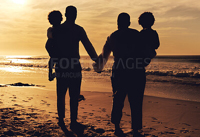 Buy stock photo Beach, holding hands and family in sunset silhouette for summer vacation, holiday and travel love with children. Parents or people together with kids rear by ocean or sea for bonding, peace and care
