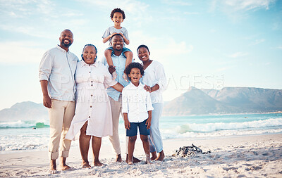 Buy stock photo Happy, travel and portrait of black family at beach for smile, summer break and bonding on vacation. Relax, holiday trip and generations with parents and children for quality time, sunshine and fun