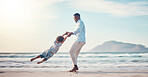 Travel, spinning and father with son at beach for bonding, support and summer break. Happy, playing and vacation with black man and child swinging together for holiday trip, weekend and happiness