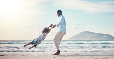 Buy stock photo Travel, spinning and father with son at beach for bonding, support and summer break. Happy, playing and vacation with black man and child swinging together for happiness on holiday trip with mockup