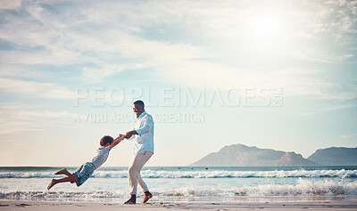 Buy stock photo Happy, spinning and father with son at beach for bonding, support and summer break. Travel, playing and vacation with black man and child swinging together for holiday trip, weekend and happiness