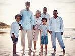 Sunset, smile and portrait of black family at beach for travel, summer break and bonding on vacation. Relax, holiday trip and generations with parents and children for quality time, sunshine and fun