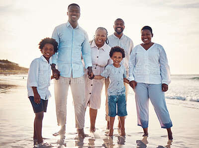 Buy stock photo Sunset, smile and portrait of black family at beach for travel, summer break and bonding on vacation. Relax, holiday trip and generations with parents and children for quality time, sunshine and fun