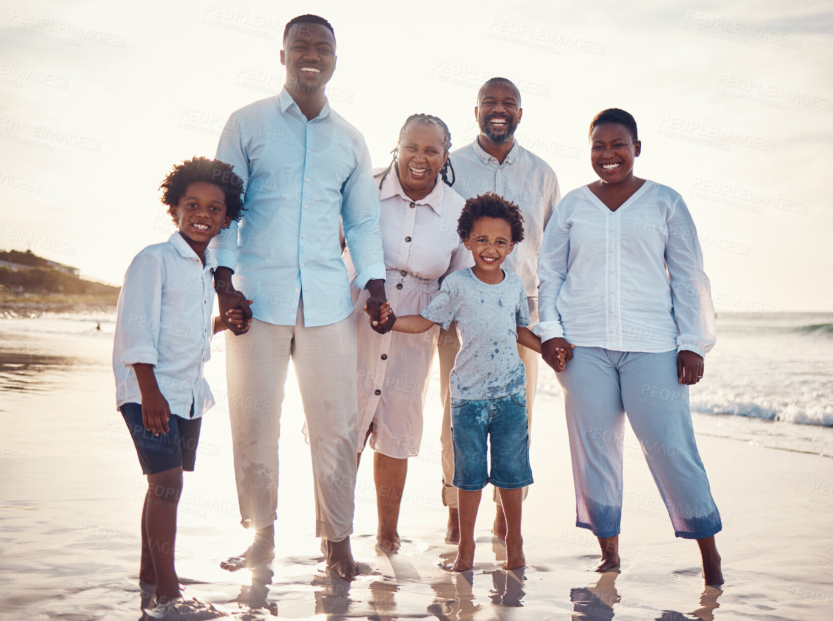 Buy stock photo Sunset, smile and portrait of black family at beach for travel, summer break and bonding on vacation. Relax, holiday trip and generations with parents and children for quality time, sunshine and fun