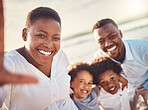 Selfie, beach and black family with smile, vacation and adventure for quality time, cheerful and relax. Portrait, Nigerian parents and children on seaside holiday, happiness and carefree on break