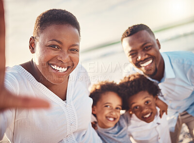 Buy stock photo Selfie, beach and black family with smile, vacation and adventure for quality time, cheerful and relax. Portrait, Nigerian parents and children on seaside holiday, happiness and carefree on break