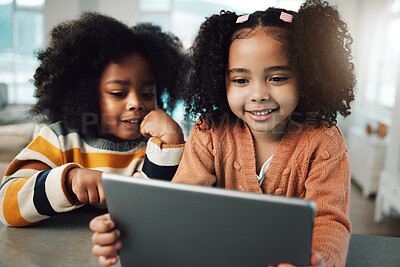 Buy stock photo Children, sisters and girls smile with tablet in home, playing games and bonding together. Technology, family and happy kids with touchscreen for elearning, streaming movie and video.